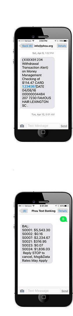 There's two smart phones- one above the other. The top phone's screen shows an example of what Mobile Alerts look like. The bottom picture shows an example of Text Banking. 
