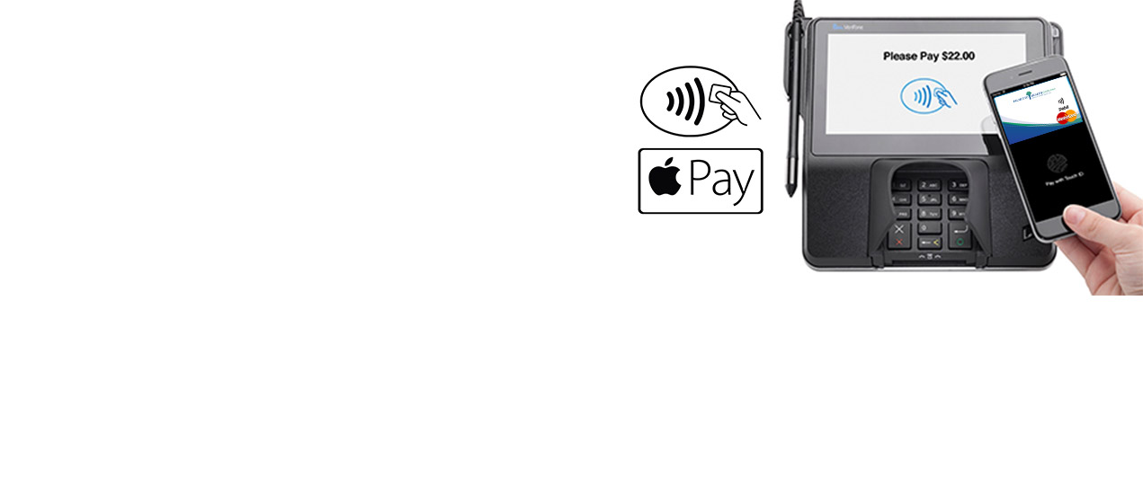 A smart phone is being held over a credit card terminal with logos for Apple Pay.