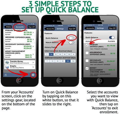 There's 3 smartphones side by side showing the steps to enable Quick Balance. Below each picture is text describing each step. The first box says 